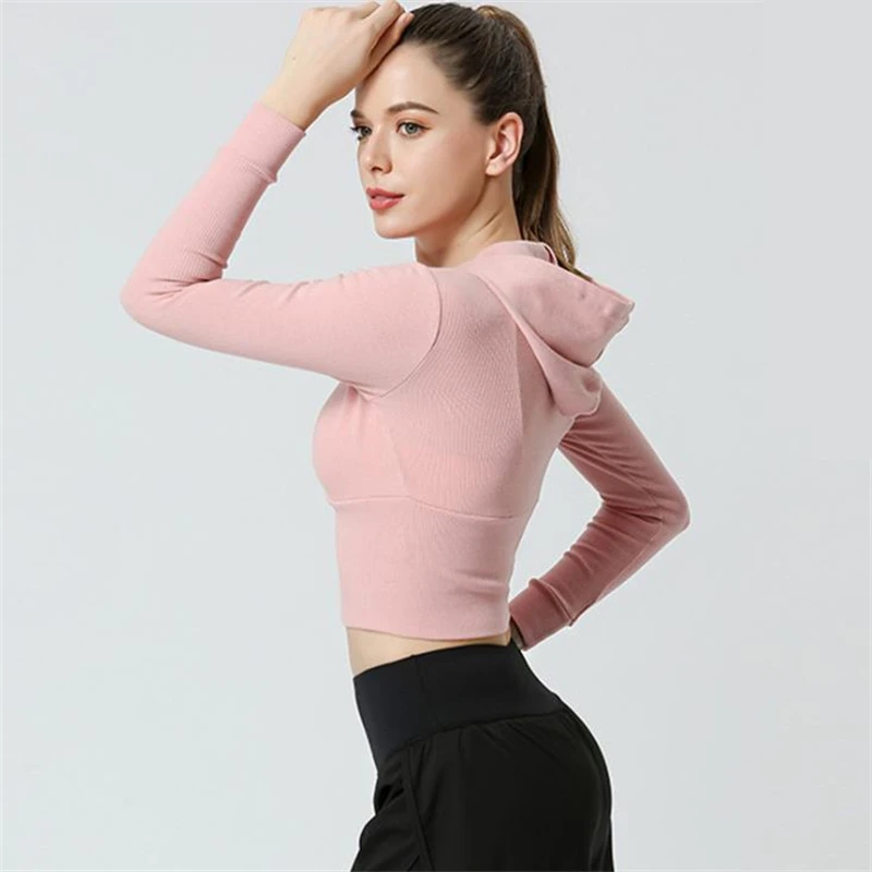 

Slim Fit Hooded Running Jacket Women Long Sleeve Sweatshirt Female Fitness Coat Yoga Crop Tops Zip-up Hoodies Gym Activewear