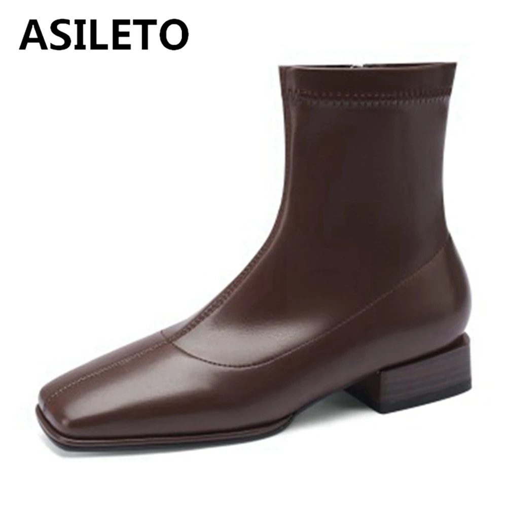 

ASILETO 2021 New Designer Brand Ankle Boots for Women Stretchy Sock Bootie Zip Flat Square Low Heel Black Brown 31-43 S2437