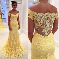robe de soiree yellow lace mother of the bride dresses charming mermaid off shoulder applique beaded sweep train formal gowns