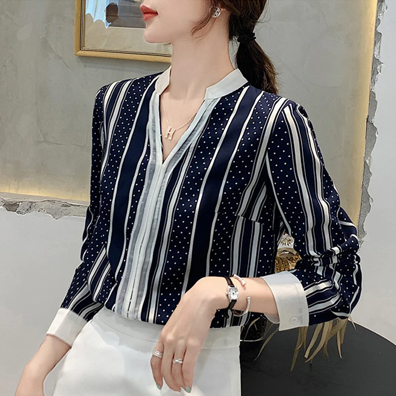 2020 шикарные полосатые женские модные Осенние Синие шифоновые офисные Топы с