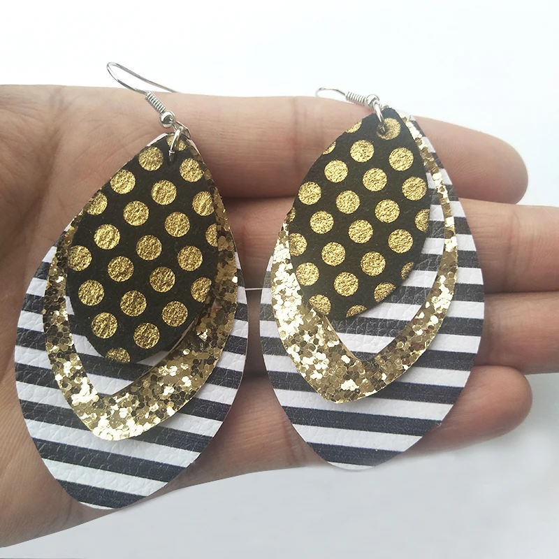 Многослойные золотые серьги-капельки из искусственной кожи с блестками в