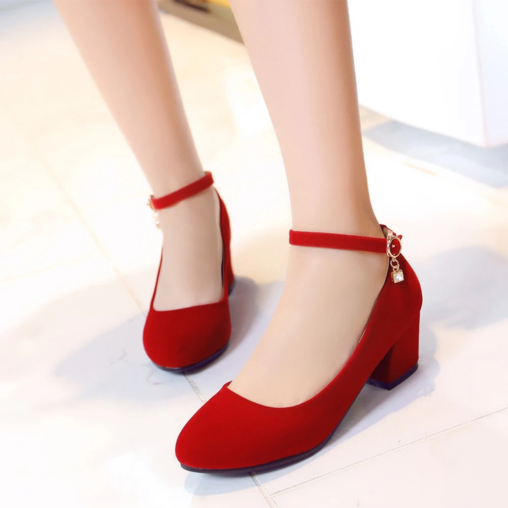 

DoraTasia Big Size 33-43 Ladeis Ankle Strap Square Med Heels Pumps Round Toe Buckle Pumps Women Autumn Daily Sweet Shoes Woman