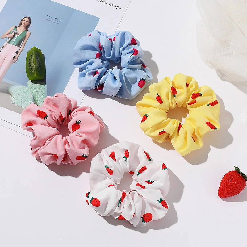 

Small Strawberry Flower Printed Scrunchies Elastic Hair Ties Girls Sweet Pink Ponytail Hair Ropes Women Korean Hair Accessories