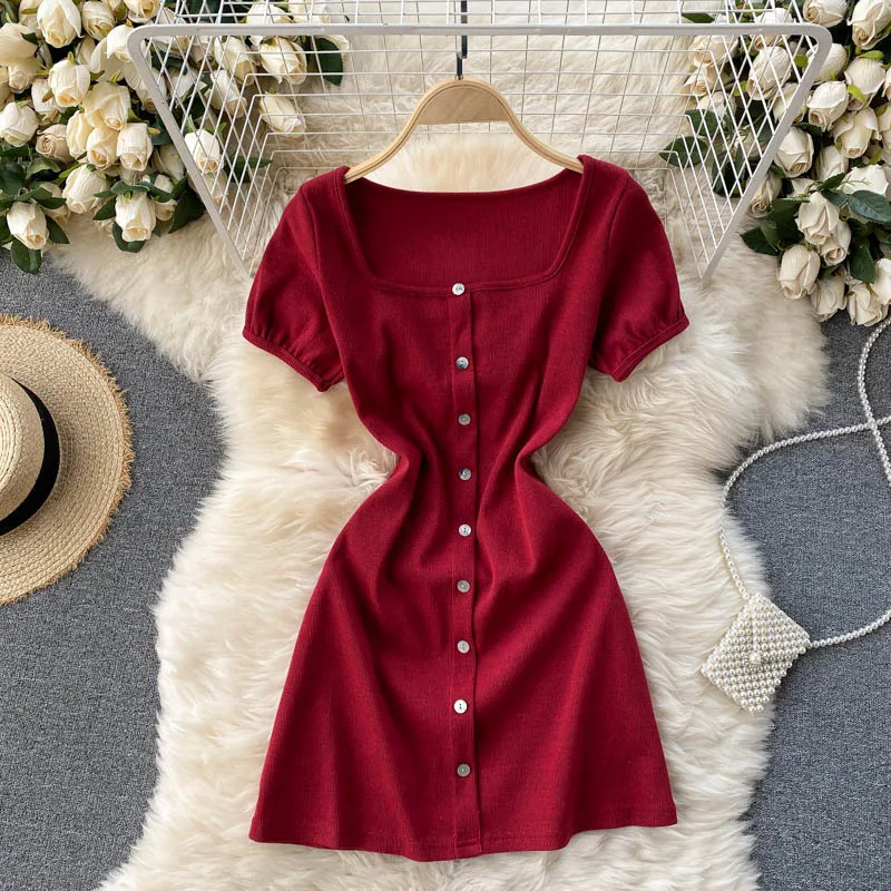 

High Quality Vintage Fashion Solid Simple causal Square Collar Short-sleeved Single-row Buckled Body Show Thin Emperament Dress