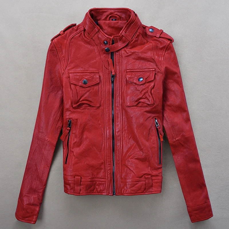 

motorcycle Women's fashion leather jacket with pockets natural sheepskin tight fit biker jacket women red black brown 2021