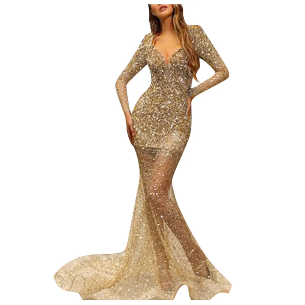 Women Wedding Dress Sequin Prom Party Ball Gown Sexy Gold Evening Bridesmaid V Neck Long Photography Vestidos | Женская одежда