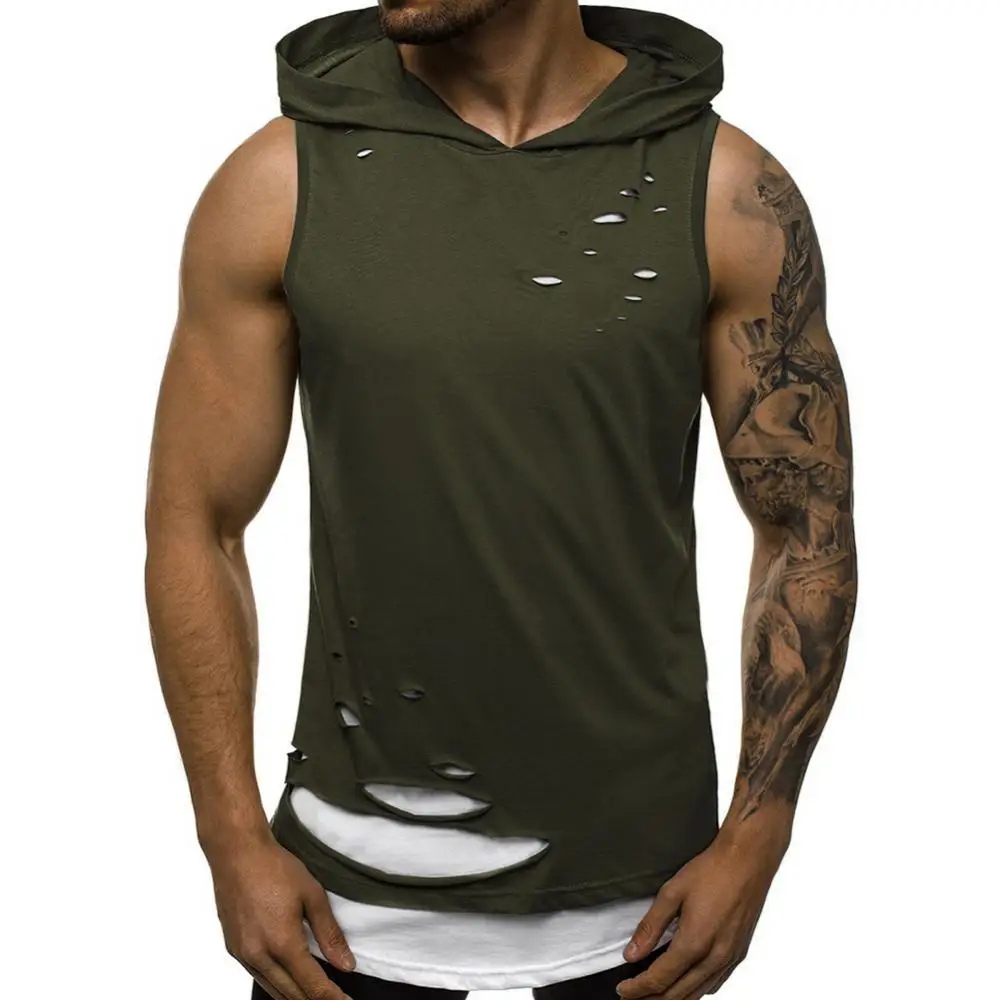 

2021 Summer Men Tank-Top Solid Stylish Double Layer Ripped Sleeveless Vest Sports Streetwear Hoodie Sweatshirt