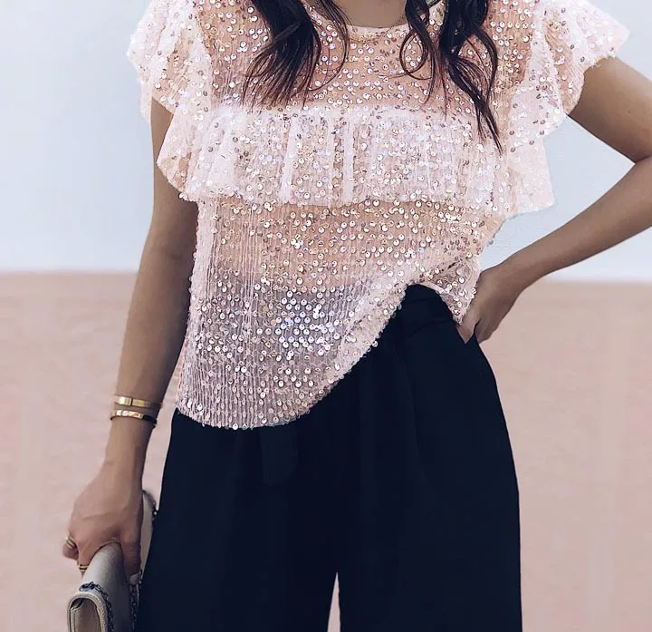 

2019 Women Blouse and Tops Pink Casual Ruffled Beading Short Sleeve See Through Women Tops Summer Sexy Tops