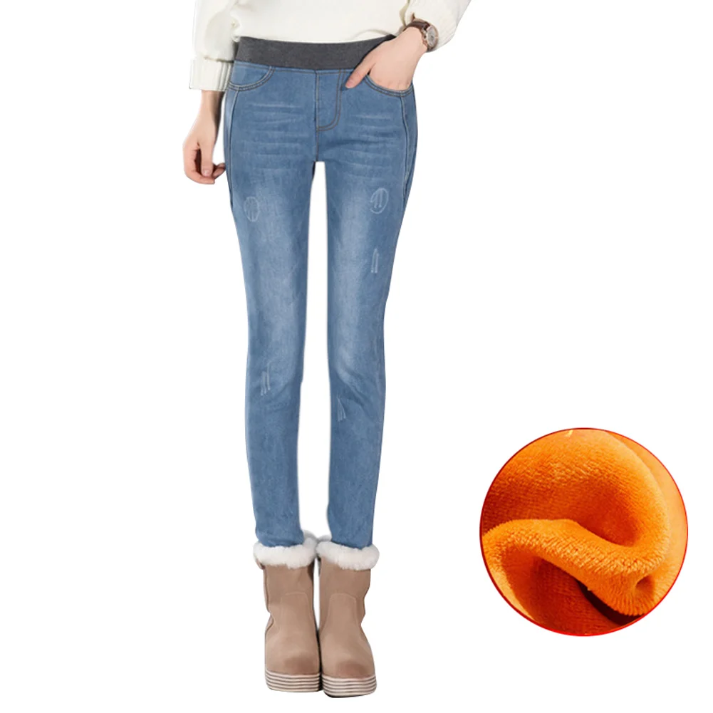 Женские теплые плюшевые джинсовые брюки зимние эластичные длинные с высокой