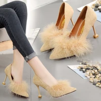 high heels womens stiletto shoes new korean style hairy shoes pointed toe all match womens shoes black work single shoes women