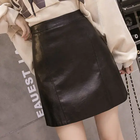 

Spring Small Leather Skirt A- Line Skirt Skirt Women's High Waist Step Woman Skirts Faldas Jupe