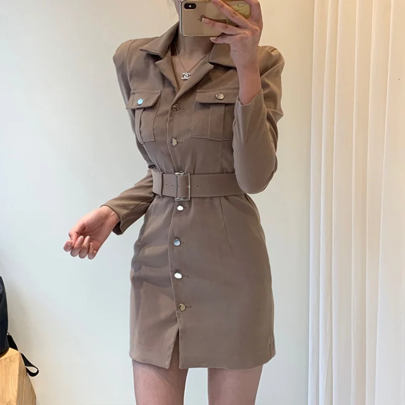 Trytree Autumn Winter Women Casual Dress Turn-down Collar Single Breasted Pockets Belt 5 Colour Slim fit Fashion Mini Dress - Цвет: Khaki
