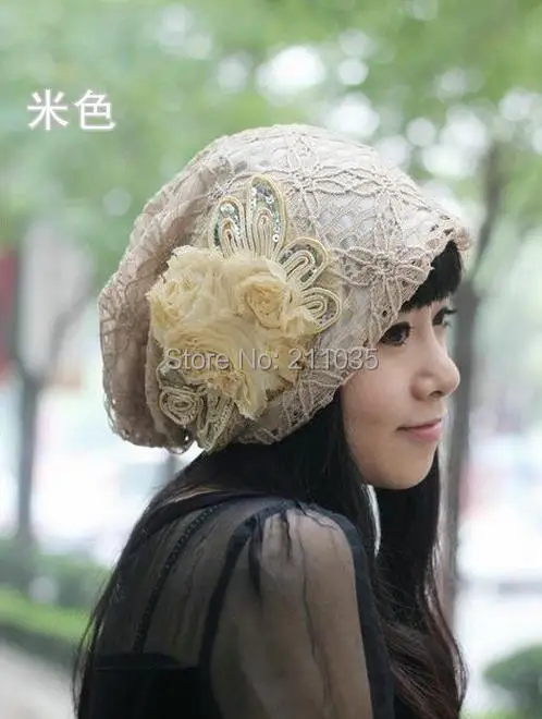 

Female Spring Autumn Plus Size Fashion Sparkling Diamond Cap Lace Embroidered Thin Pocket Turban Hat woman lace caps lady hats