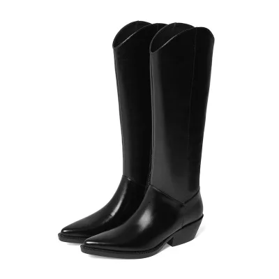 

Fashion White Pointed Thick Heel High Boots Women's 2020 Autumn / Winter New Mid-Heel Knee-Length Genuine Leather Knight Boots