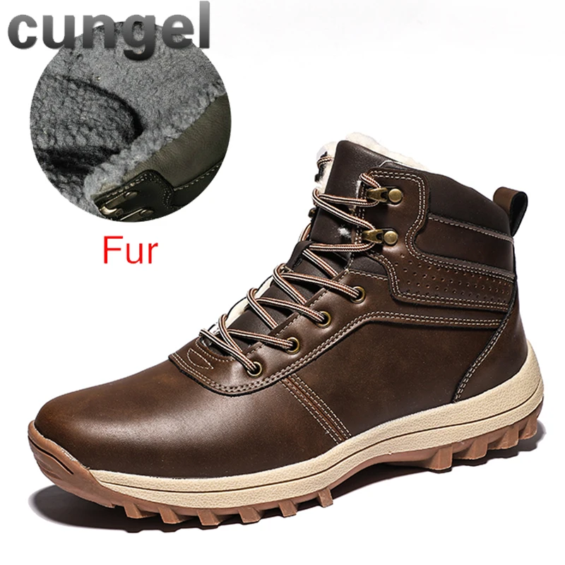 858-brown CUNGEL/зимние теплые мужские ботинки; мужские зимние ботинки из натуральной кожи с мехом; водонепроницаемые рабочие ботильоны ручной работы; мужская обувь с высоким берцем - Цвет: 858-brown