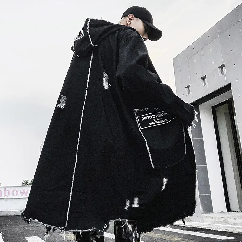 Мужское джинсовое пальто оверсайз длинное Асимметричное в стиле хип-хоп 2020 |