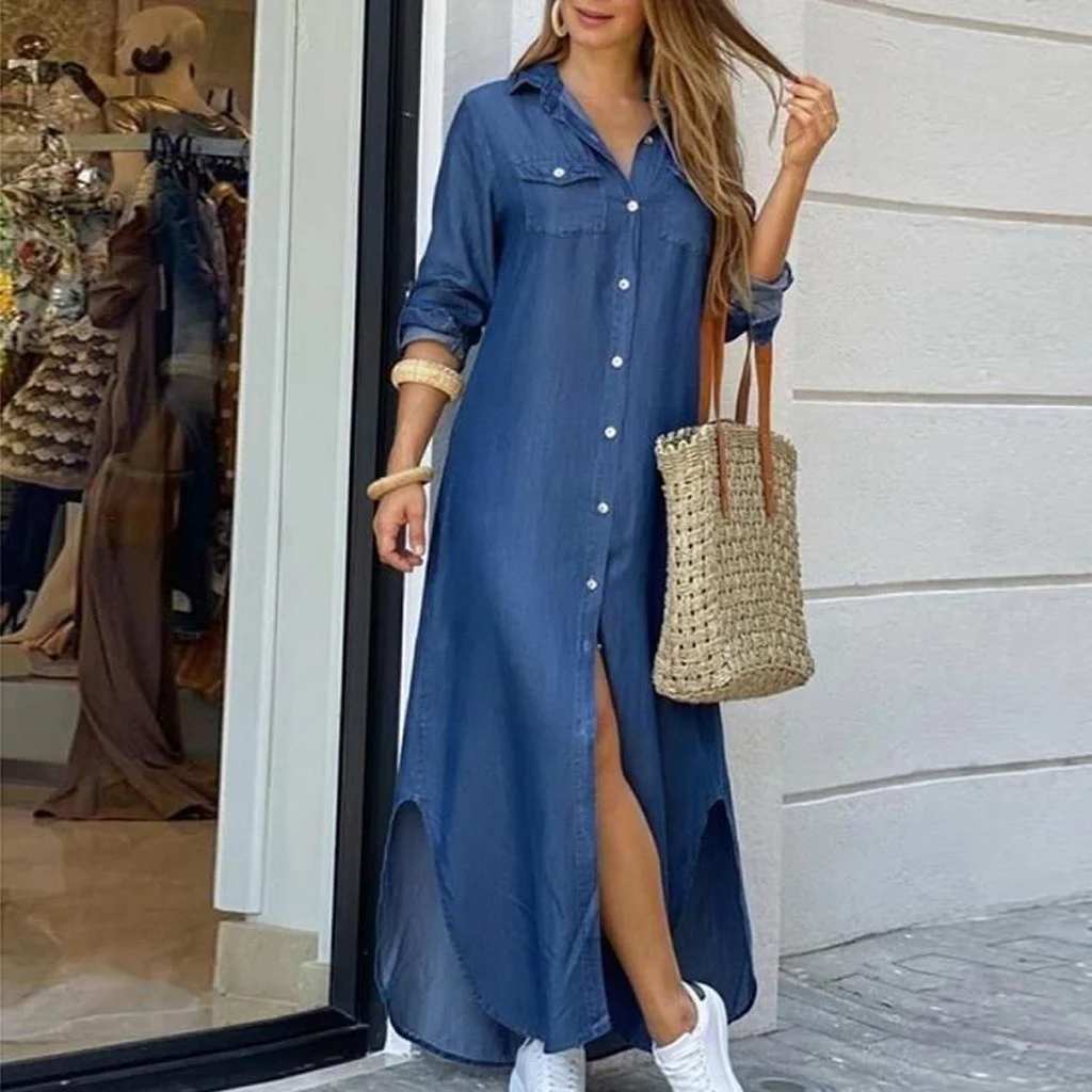 

Women's long sleeved dress, long sleeved jeans, with pockets, buttons, printing, casual, loose, autumn, 2021