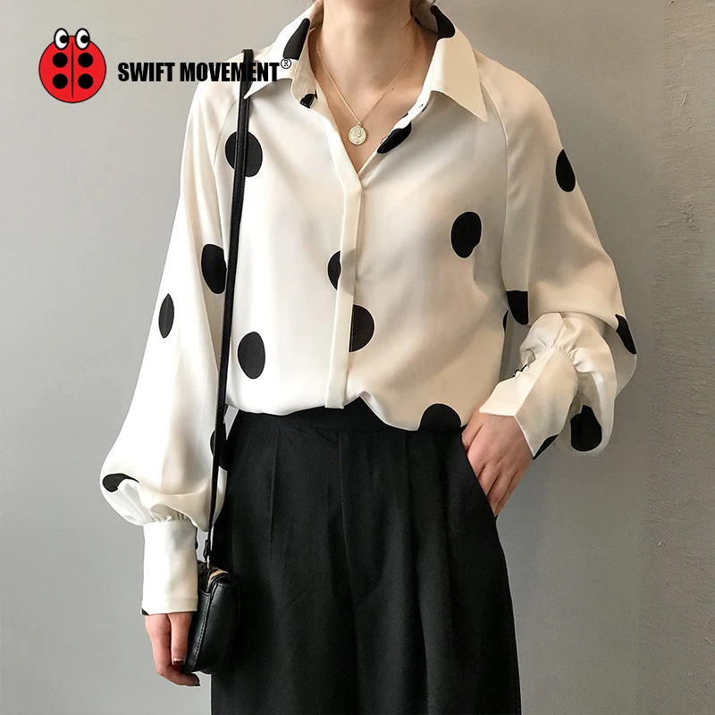 

swiftmovement Chiffon shirt white cardigan vintage Fashion polka dot pattern plus size women tops Long sleeve 2020 autumn