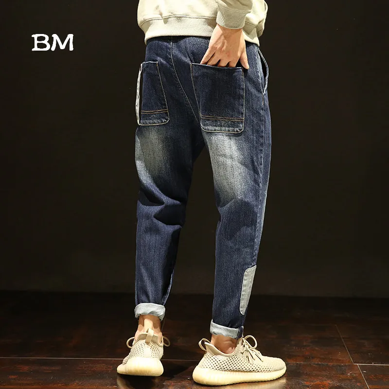 Мужские теплые джинсы-шаровары модная брендовая свободная одежда в стиле хип-хоп