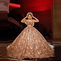luxury champgane ball gown evening dresses aso ebi style cap sleeves ruffles lace appliques prom gown with train