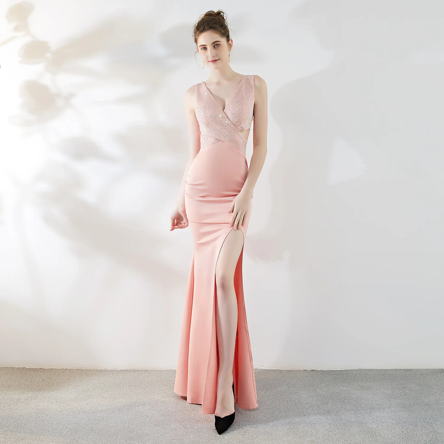 pink Skyyue вечернее платье однотонное платье с v-образным вырезом De Soiree без рукавов женское вечернее платье плюс размер Кристалл Сплит Формальные платья C306 - Цвет: pink