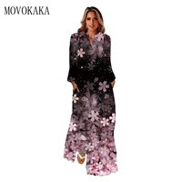 movokaka 2022 flower print dress women autumn winter elegant casual long sleeve long dresses woman party v neck maxi dress women