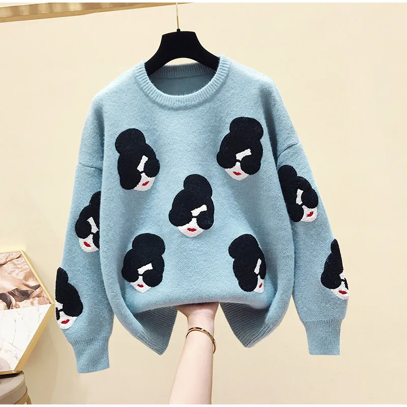 Распродажа вязаный женский свитер с мультяшным рисунком для девочек свободные