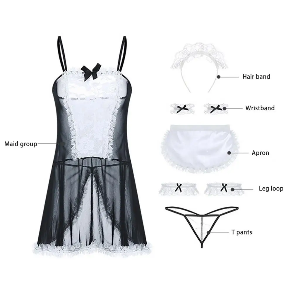 

One Piece Sexy Women Lingerie Lace Hem Sheer Cosplay Maid Costume Sexy Lingerie Set Bow decoration Gift of love