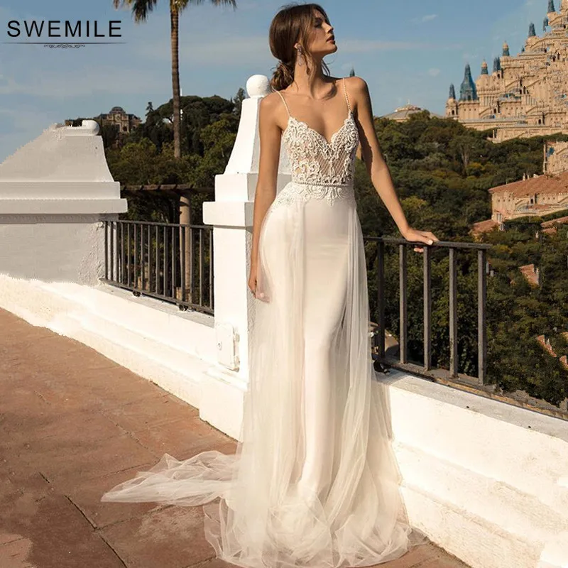 Романтические 2 в 1 Русалка Кружева Свадебные платья 2020 Robe de Mariee сексуальные V