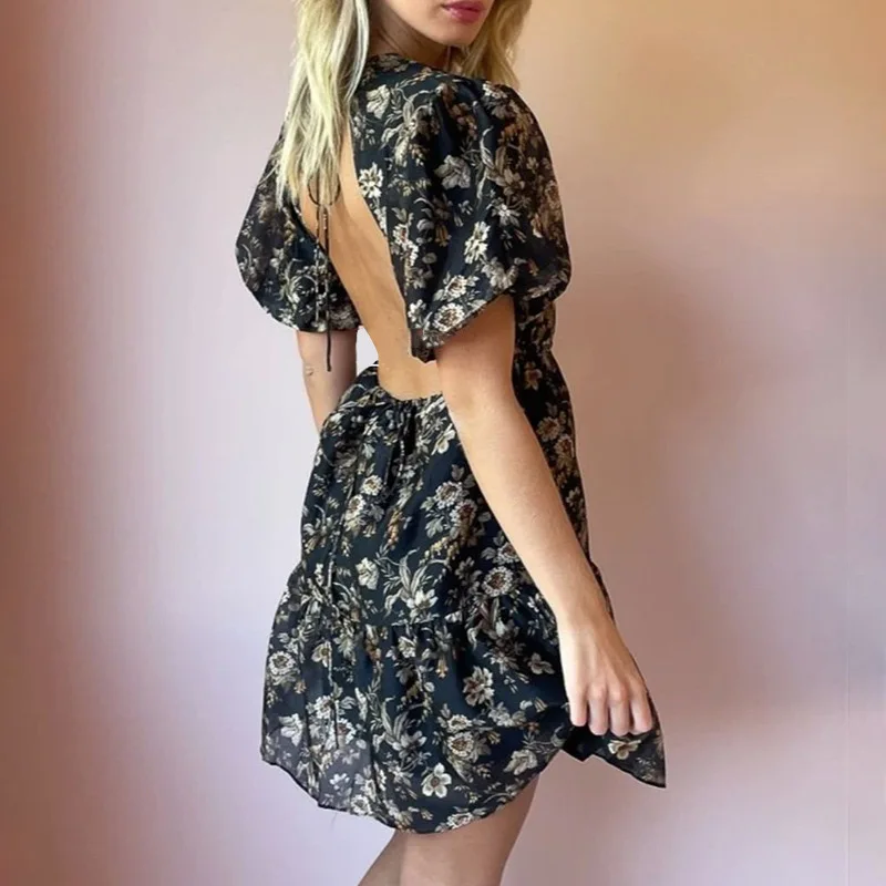 

Backless Mini Dress 2021 Summer New O-neck High Waist Short Sleeve Black Floral Print Sexy Women Dresses High Quality