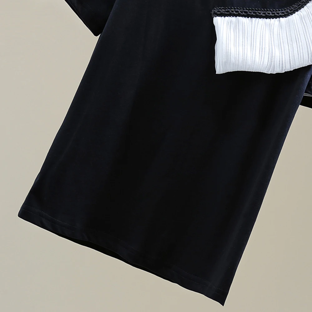 

2021 Summer New Korean Time Loose Thin T-Shirt Color Contrast Pleated Splicing Strapless Casual White Round Neck Summer