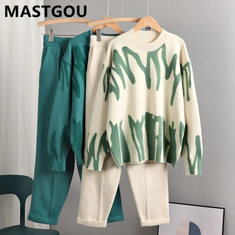 

MASTGOU OverSized Cashmere Women Sweater Tracksuits Tie Dye Knit Two Pieces Pencil Pants Sets Loose Sweaters Suits Clothing