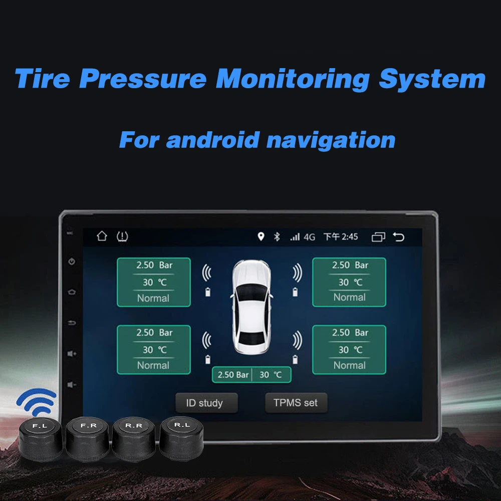 USB система контроля давления в шинах автомобиля TPMS для Android навигации 4 внешних датчика звуко-световая сигнализация измерения давления