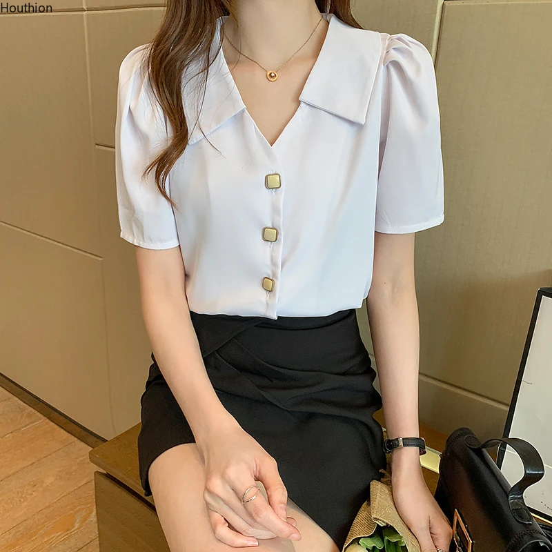 

Houthion Chiffon Slim Women's Blouse Fashion Short Sleeve Top New Casual Blusas Solid Color Buttons Doll Collar Shirt Summer