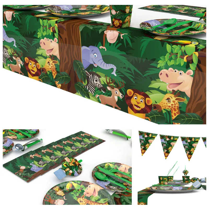 Милые животные джунглей вечерние тарелки салфетки чашки Лев партия Флаг посуда