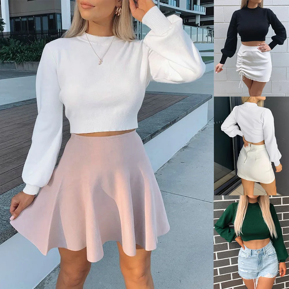 

2021 Модный повседневный однотонный топ с круглым вырезом и коротким длинным рукавом