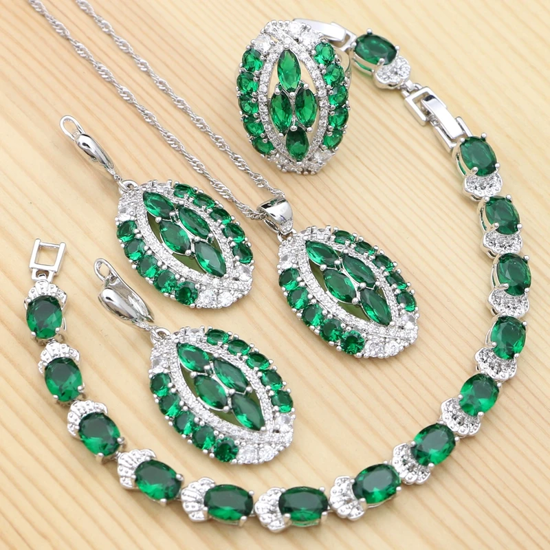 

Green Cubic Zirconia 925 Silver Jewelry Sets For Women Wedding Accessories Ring Bracelet Necklace Pendant Earrings Set