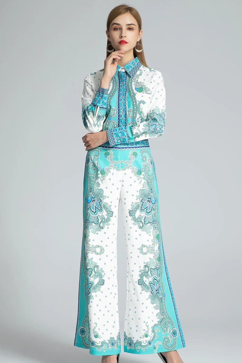 

Designer New Fashion High Quality Autumn Party Chiffon Shirt Tops Casual Loose Horn Trousers Dot Print Chic Vintage Women'S Sets