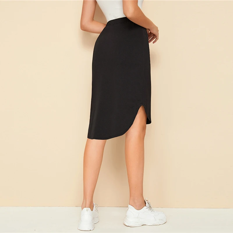 SHEIN черная Однотонная юбка с завязками спереди и высоким низким подолом Женская юбка Осенняя Женская Асимметричная Повседневная юбка длиной до колена