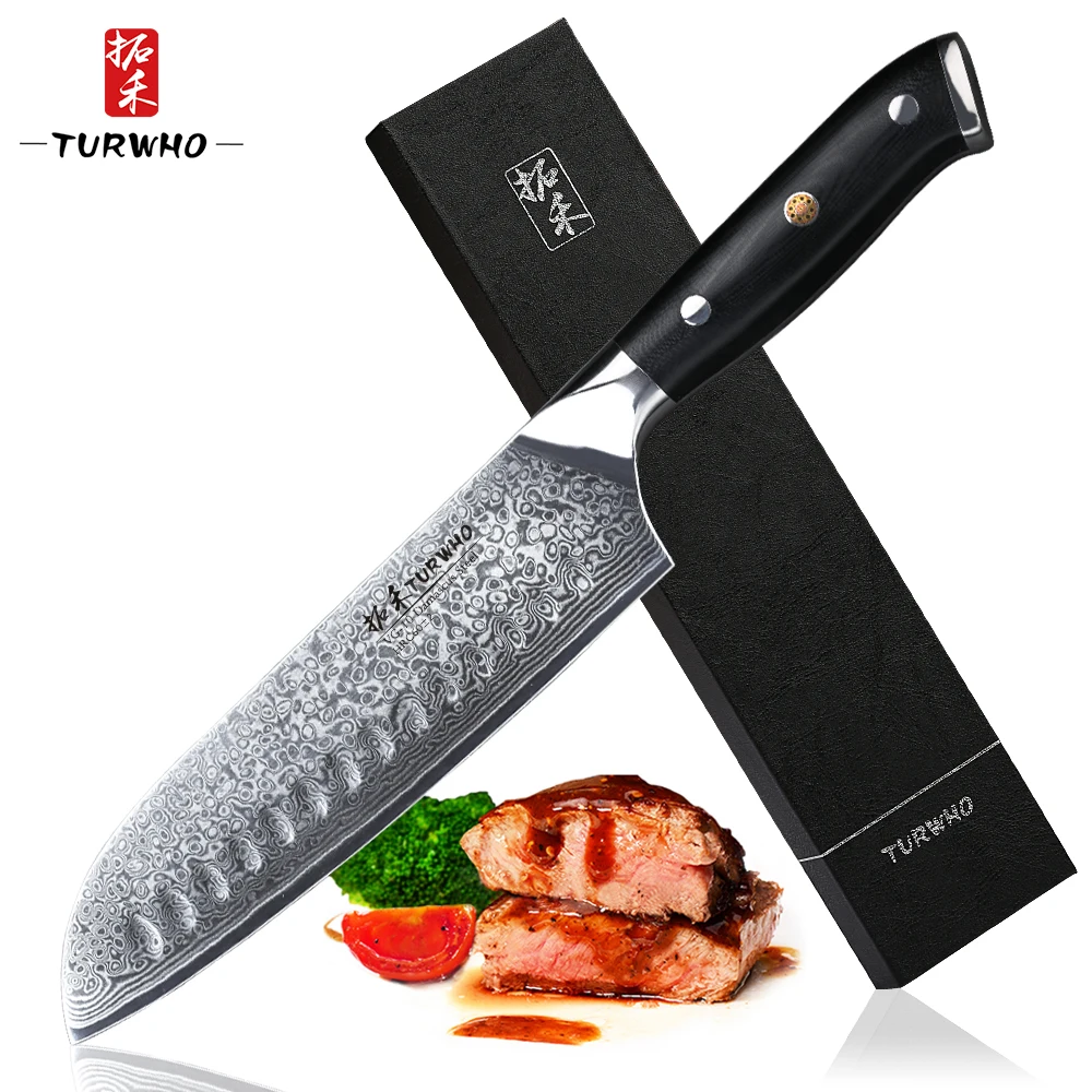 TURWHO 7 дюймовые кухонные ножи Santoku 67 слоев дамасская сталь нож шеф повара для мяса