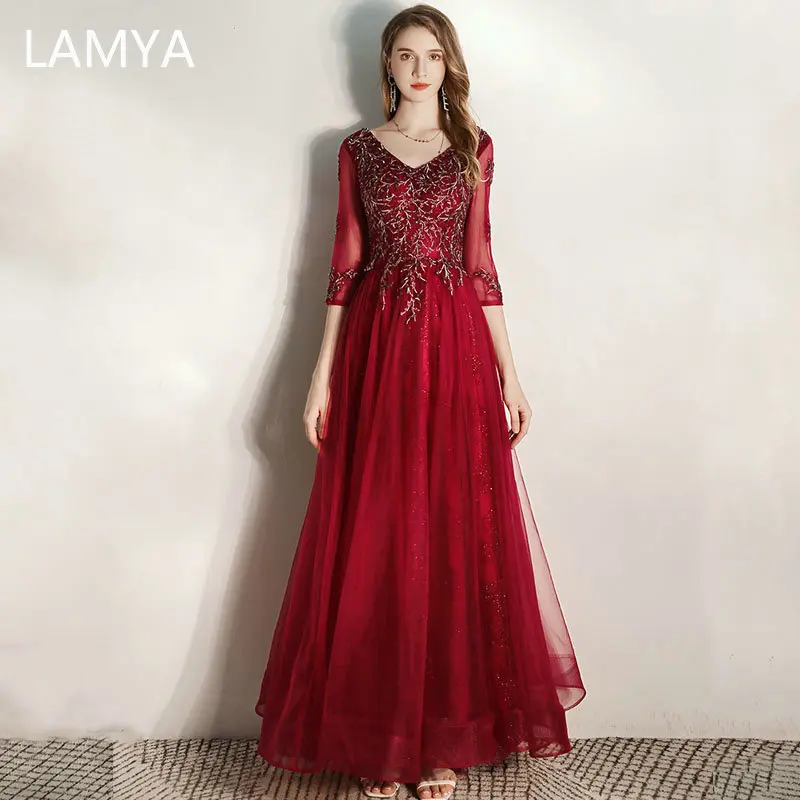 Женское винтажное вечернее платье LAMYA с V-образным вырезом, женское платье, вечернее платье до пола с блестками и рукавом до локтя