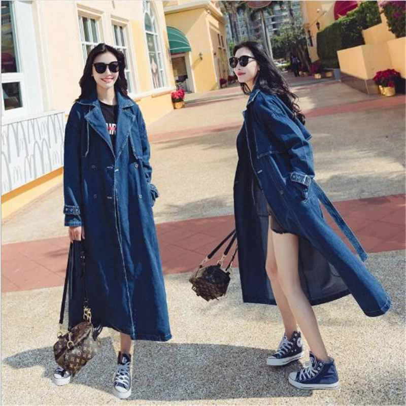Осеннее джинсовое пальто для женщин Новые двубортные джинсы ветровка длинная