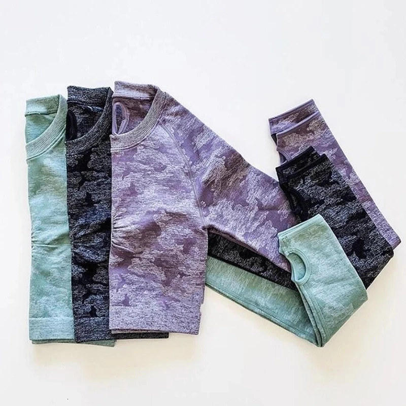 

2PCS Camouflage Yoga Set Women Seamless Long Sleeve Fitness Crop Top+High Waist GYM Camo leggings Pants Fitness Suits Workout