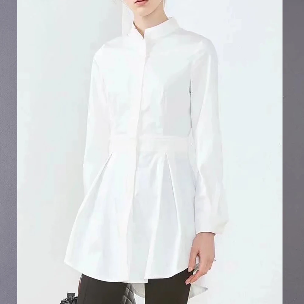 

Za Women's Autumn White Explosive Waist Shirt Fashion Stand-up Collar Long Jacket Temperament All-match Female Vintage Blouse