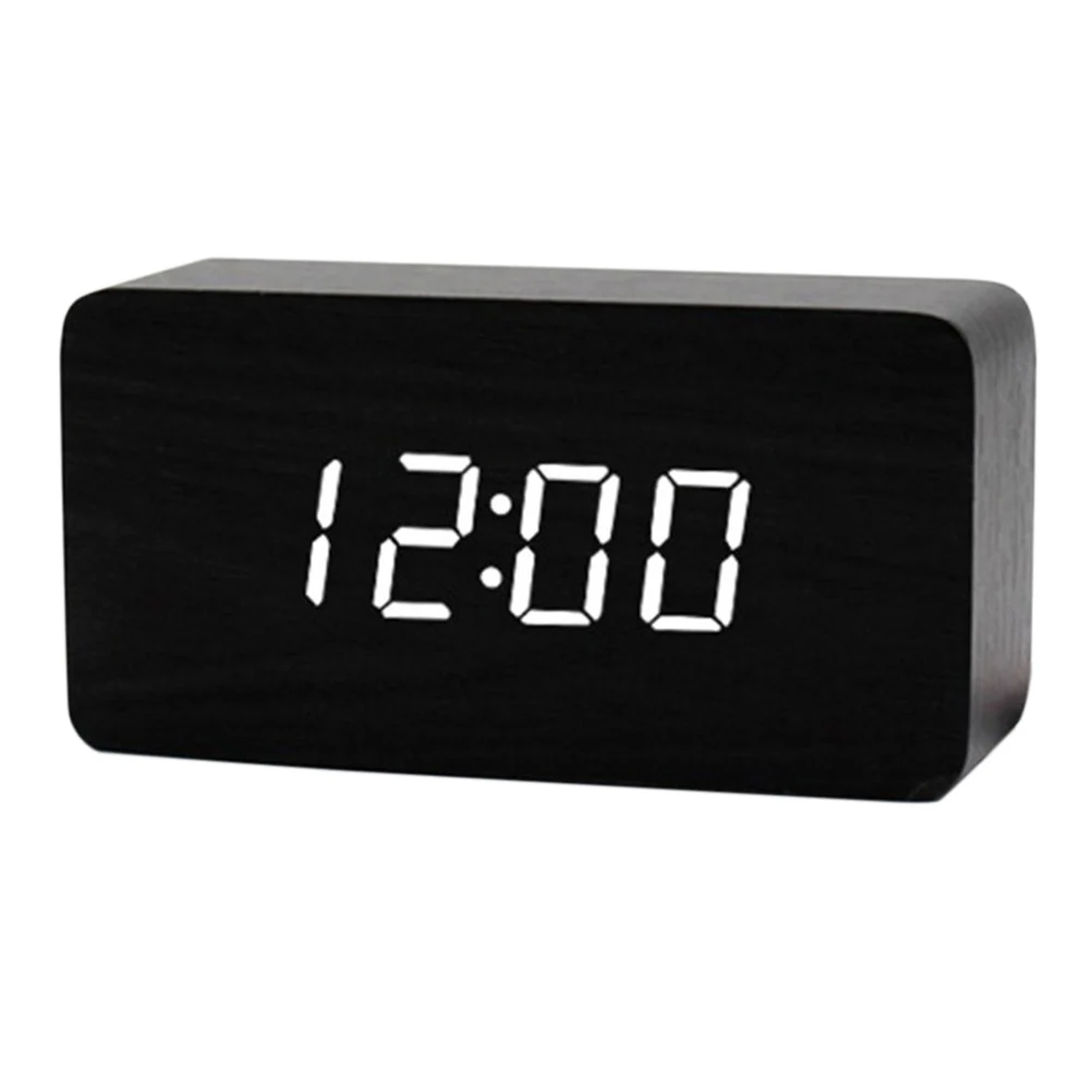 

Wood Digital Alarm Clock 12/24H LED Time/Date/Temperature Display, Snooze, Sound Control Electric Clock