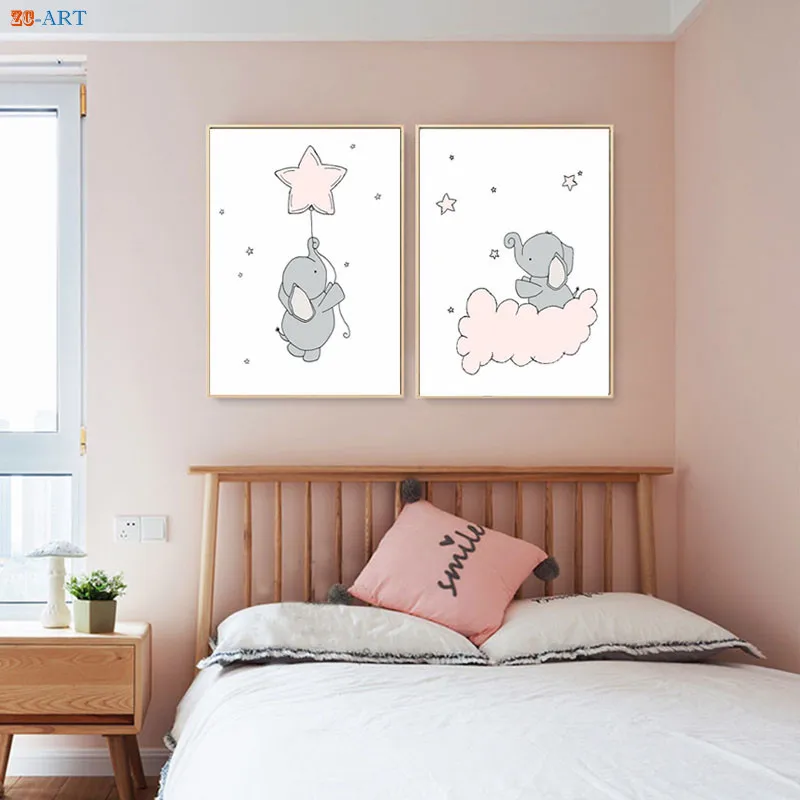 Принты для детской слон луна и звезды плакат холст картины цвета: розовый белый