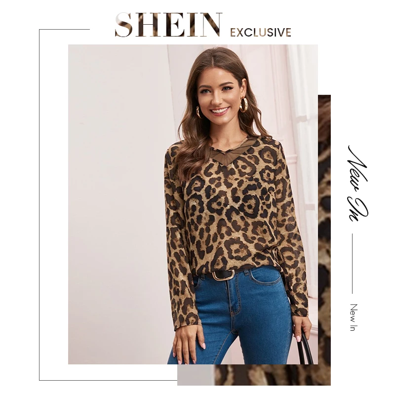 SHEIN многоцветная сетчатая вставка Леопардовый принт Топ прозрачная блузка для женщин Весна Лето V образным вырезом офисные женские повседневные блузки