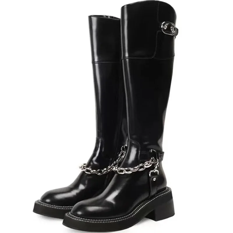 

Women's Black Knee High Boots Round Toe Metal Chain Knight Shoes M29