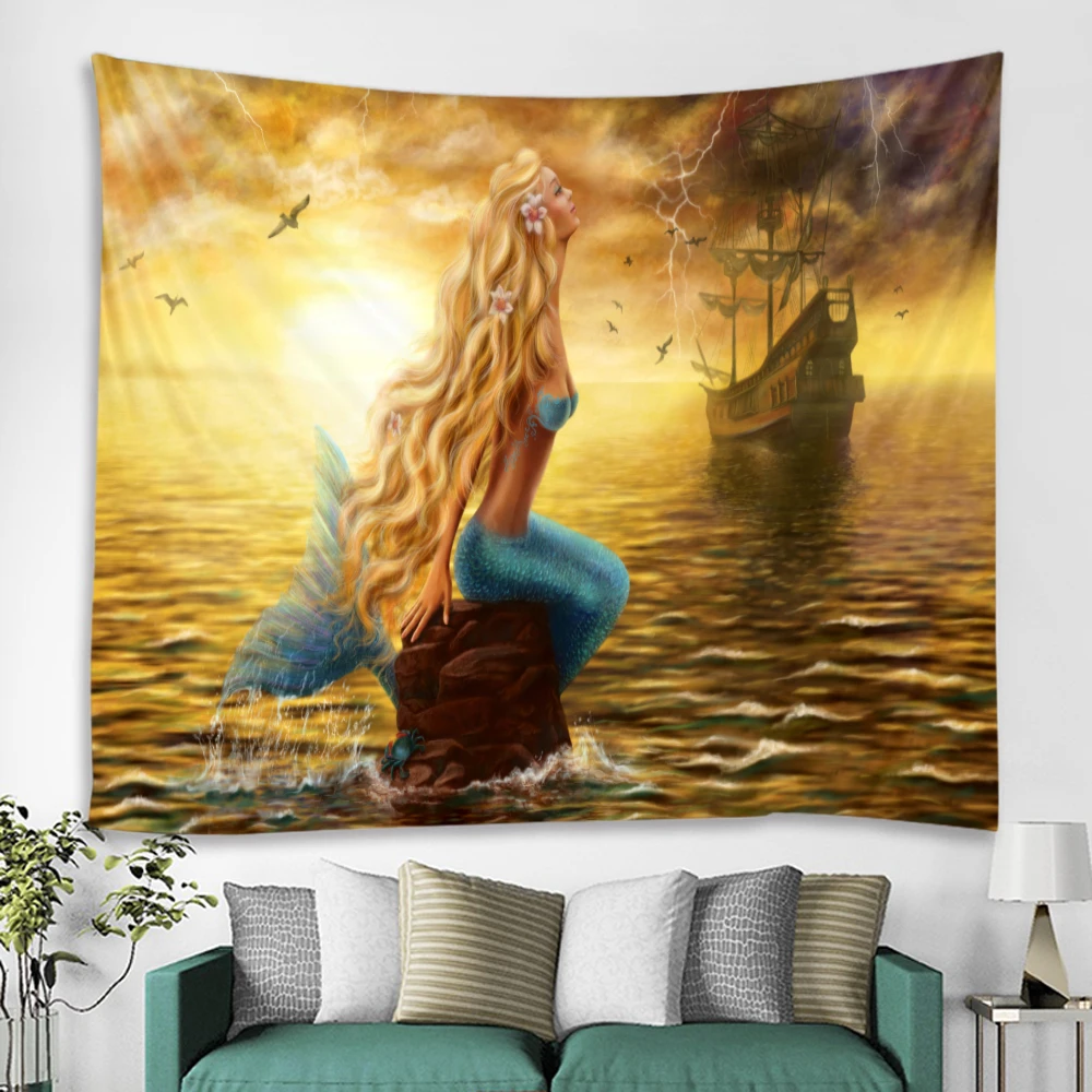 Мультфильм картина маслом русалка гобелен сцена украшение фон настенное висит