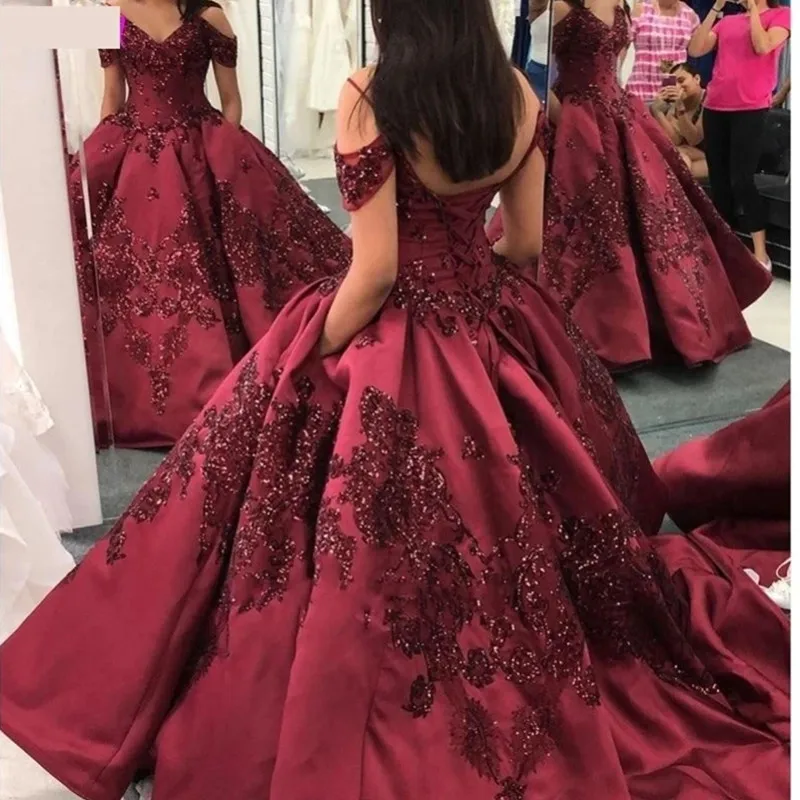

Темно-красное бальное платье с бусинами, платья для Quinceanera, милое платье с открытыми плечами и аппликацией 16, наряды для конкурса, платье 15